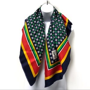Yves Saint Laurent Navy, Red & Green Floral Border Silk Scarf